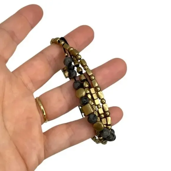 Vintage 4 Strand Layered Beaded Bracelet Black Brushed Gold Tone - Picture 4 of 5